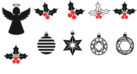 Christmas angel silhouette, holly berry icons, festive holiday ornament designs, seasonal decorative elements, © Hey there
