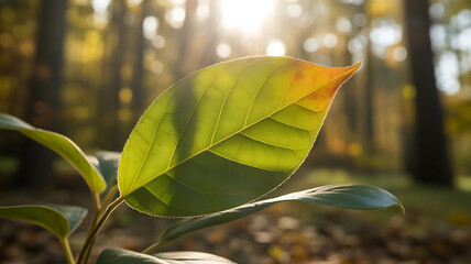Close up of green leaf with yellow tip backlit by sun in forest autumn fall