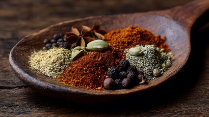 Assortment of colorful spices in wooden spoon