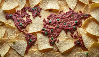 World Map Made Of Tortilla Chips And Salsa Dip With Green Cilantro Sprinkled On Top Macro Shot