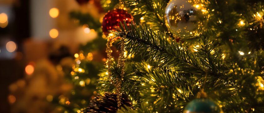 Decorated Christmas tree with warm glowing lights, gold and red baubles — perfect for holiday greeting cards, winter designs, seasonal backgrounds.