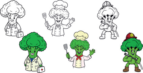 Obraz premium Cute Broccoli Character Set as Doctor, Chef, and Firefighter – Fun Vegetable Mascot Illustrations (Brassica oleracea var. italica)