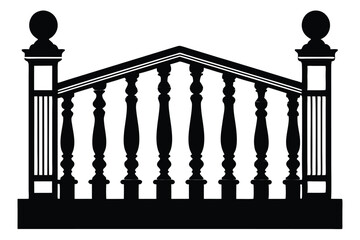 Ornamental balustrade shows distinctive details featuring posts topped with spheres on a stark white canvas