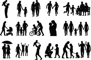 Vector silhouette set of people, including men, women, family groups, and business teams in walking and standing poses for fashion and illustration projects