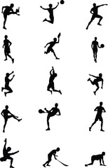 Vector silhouettes of people playing various sports including running, tennis, and soccer