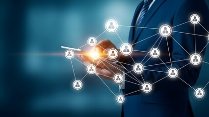 Businessman connecting with social network on mobile device in futuristic setting