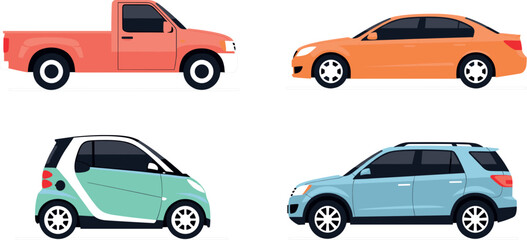 Set of modern car vector illustrations including pickup, sedan, compact smart car and SUV design for automotive graphics