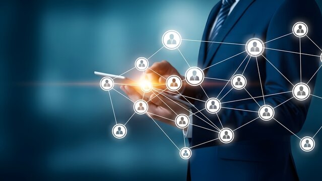 Businessman connecting with social network on mobile device in futuristic setting