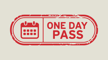 A red one day pass stamp with a calendar icon and distressed edges on an off white background flat lay