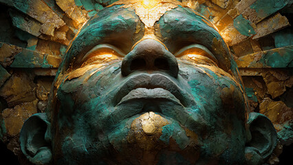 Statue de bronze, gros plan sur le visage regardant vers le haut
