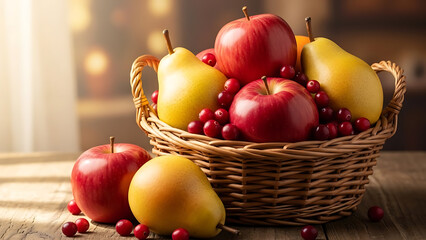 Woven basket filled with red apples, yellow pears, and red cranberries arranged on a wooden surface, illuminated by soft, natural light.