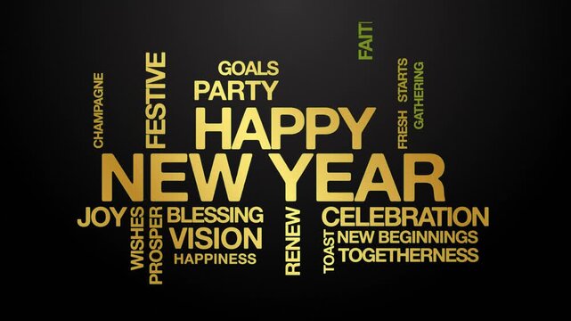 Happy new year concept Animated Tag Word Cloud kinetic typography, Text Design Animation typography seamless loop video motion graphics Intro, Word Art Looping effects color golden type on black bg