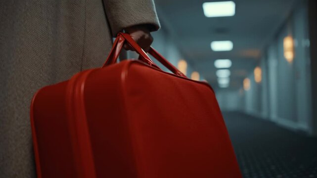 A bright red suitcase rests against a wall in a hotel hallway. The lights shine softly above as guests check in and move around, creating a lively atmosphere