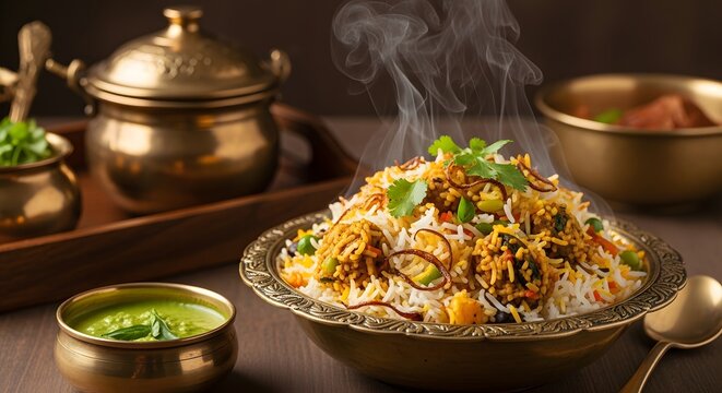 Delicious chicken biryani in a brass bowl garnished with cilantro served on a wooden tray