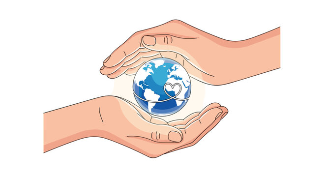 Hands holding planet earth with heart symbol inside globe, Generative AI.