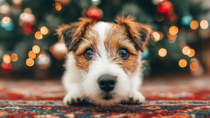 Jack Russel Terrier on rug in front of Christmas Tree