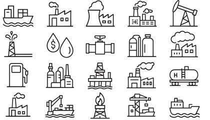 a collection of industrial icons depicting factories oil rigs ships pipelines and pollution sources perfect for graphic design on transparent background silhouette high quality professional detailed
