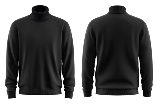 Realistic mockup of black turtleneck sweater front and back view isolated on transparent background of clothing for apparel