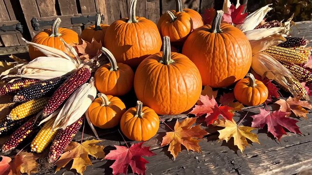 High angle sweeping shot showcasing a carefully curated rustic arrangement of varying sized orange pumpkins, dried corn, and fallen maple leaves spread across aged barn wood flat lay