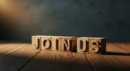 Wooden blocks spelling 'JOIN US' on a rustic wooden surface with dramatic lighting, inviting collaboration.