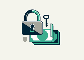 Financial safety vector detailed icon, padlock lock and money composition, secured bank account, safe private finances.