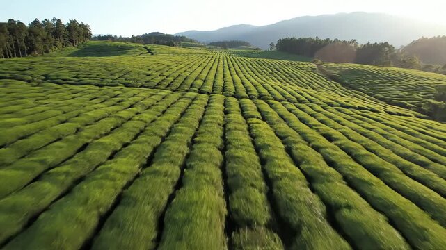 High angle view revealing the stunning symmetrical geometric pattern formed by parallel rows of tea crops stretching into the distance view, growth, clean