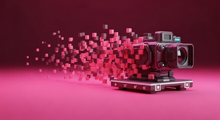 Voxelated Vision: Futuristic Camera Materializing from a Dynamic Pink Cube Cloud