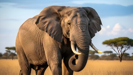 Fototapeta premium Majestic elephant portrait in golden light savana, a captivating wildlife scene that embodies strength and beauty of nature, perfect for travel and adventure