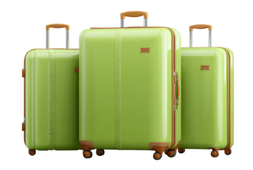 Set of green trolley luggage with brown accents for travel vacation against transparent background studio shot isolated 110 characters