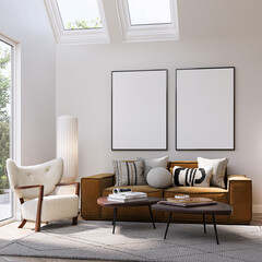 Modern Living Room Poster Frame Mockup with Natural Light and Minimalist Decoration. 3D render.