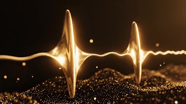 Golden waveform pulsing with energy and light, representing sound or data flow.