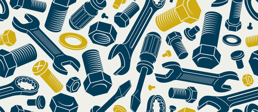 Repair and maintenance seamless background, vector mechanical fix service theme endless wallpaper, bolts and wrenches tiling pattern, elements can be used separately.