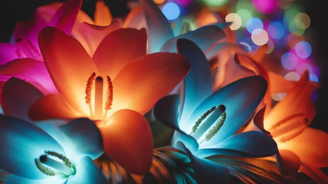 Highly saturated and vibrant abstract tropical floral arrangement of orange and fuchsia flowers subtly pulsing and changing luminosity, perfect for a dynamic lifestyle background artistic