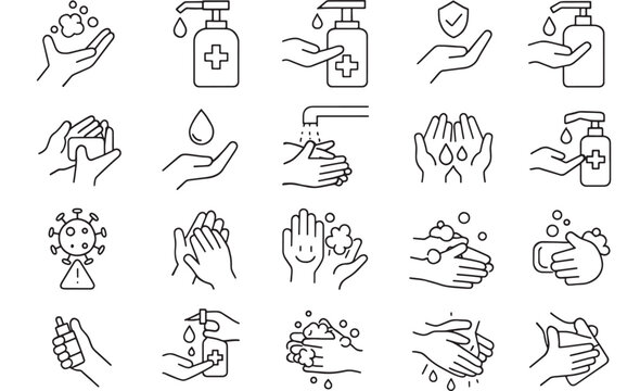 a collection of hygiene icons displaying hand washing sanitizer germs and cleanliness perfect for health related designs on transparent background silhouette high quality professional detailed modern