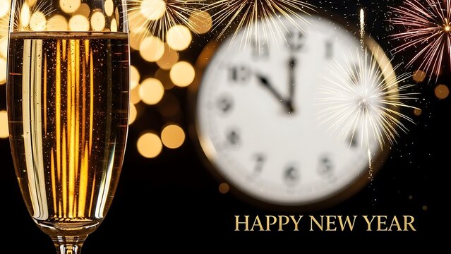 New year s eve celebration with champagne clock and fireworks