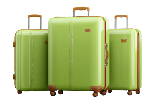 Set of green trolley luggage with brown accents for travel vacation against transparent background studio shot isolated 110 characters