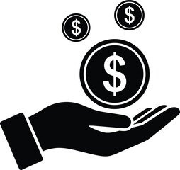 Hand Holding Dollar Coins Vector Silhouette Icon Illustrating Payment, Earning, Investment, Donation, and Financial Transaction Concepts for Business and Money Design