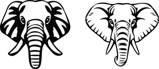 Two black and white stylized elephant head illustrations facing forward, isolated on transparent background