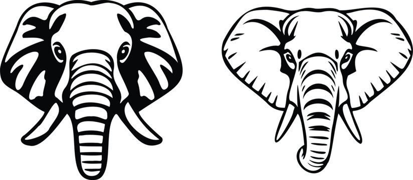 Two black and white stylized elephant head illustrations facing forward, isolated on transparent background