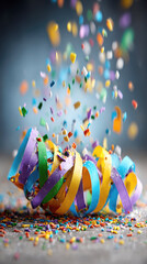 Colorful Rainbow Paper Streamer and Confetti Falling on a Gray Background