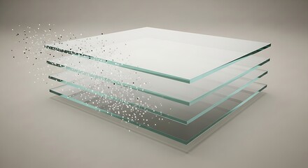 Abstract Stacked Glass Layers with Dispersing Digital Particles on a Soft Grey Background