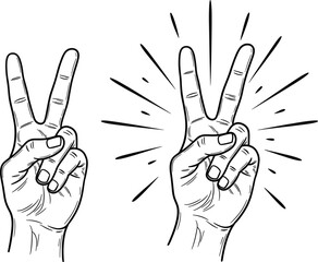 Hand Drawn Peace or Victory Sign Vector Illustration Set Showcasing the V-Sign Gesture in Detailed Sketch Style with Rays and Burst Lines for Celebration, Success, and Political Concepts