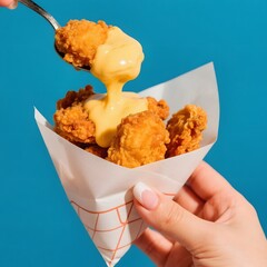 4k high quality Ai generative HD photo realistic menu selling restaurant eat dish snack food deep fried chicken nugget mushroom dory cheese yellow melt sauce fork hand dipped girl mozzarella