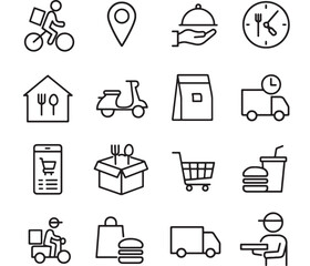 a collection of delivery related icons featuring bicycles food locations time and transport all in a minimalist style on transparent background silhouette high quality professional detailed