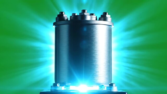 Isolated electronic power capacitor component vibrating and emitting a dramatic bright cyan glow on a keyed green screen background for easy compositing component, cyan glow, emitting