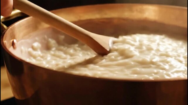 A close up view of a wooden spoon stirring creamy white rice pudding in a copper pot