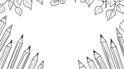 Pencils and leaves frame a white background for design, art, creation, and education