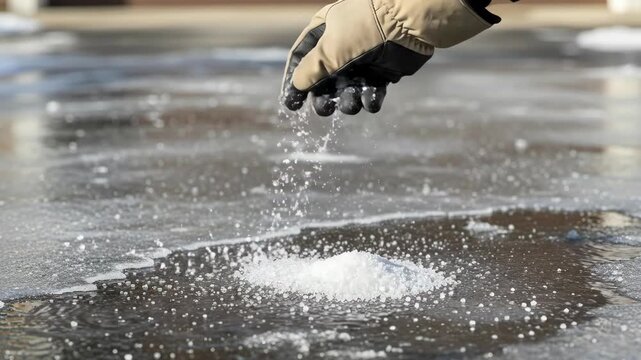 Gloved hand sprinkling salt on icecovered surface depicting winter safety measures. careful preparation for icy conditions in seasonal transition.