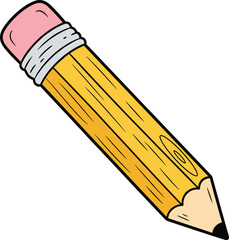 Cartoon Wooden Pencil Vector Illustration with Pink Eraser and Bold Outline, Sharpened and Ready for Writing, Drawing, School, and Education Concepts