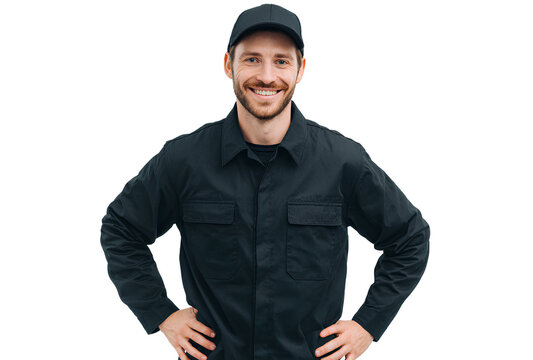 Successful smiling construction worker wearing black uniform and cap portrait isolated on transparent background construction site